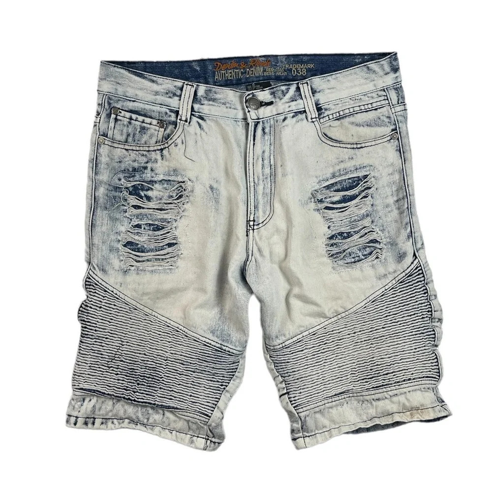 SH371 Mens Denim & Rivets Distressed Stretch Moto Style Flex Jean Shorts 32